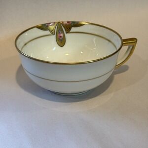 Limoges France Decor Main Large 12oz Teacup Gold Trim‎ Floral Cream Soup Cup Vtg